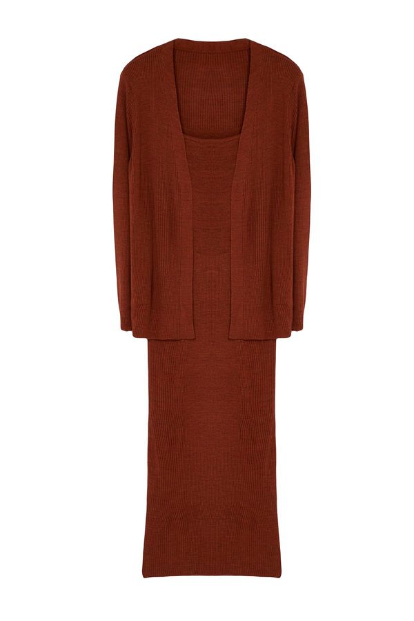 Trendyol Trendyol Curve Tile Ribbed Belted Midi Length 2-Piece Knitwear Cardigan-Dress