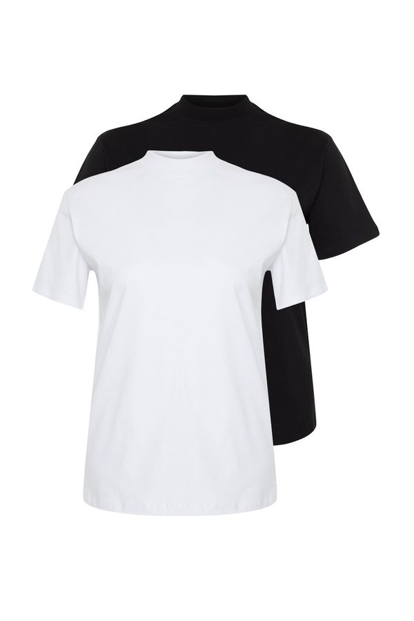 Trendyol Trendyol Curve White-Black 2-Pack 100% Cotton Basic Stand Collar Knitted T-Shirt