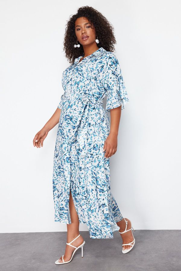 Trendyol Trendyol Curve White-Blue Shally Woven Plus Size Dress