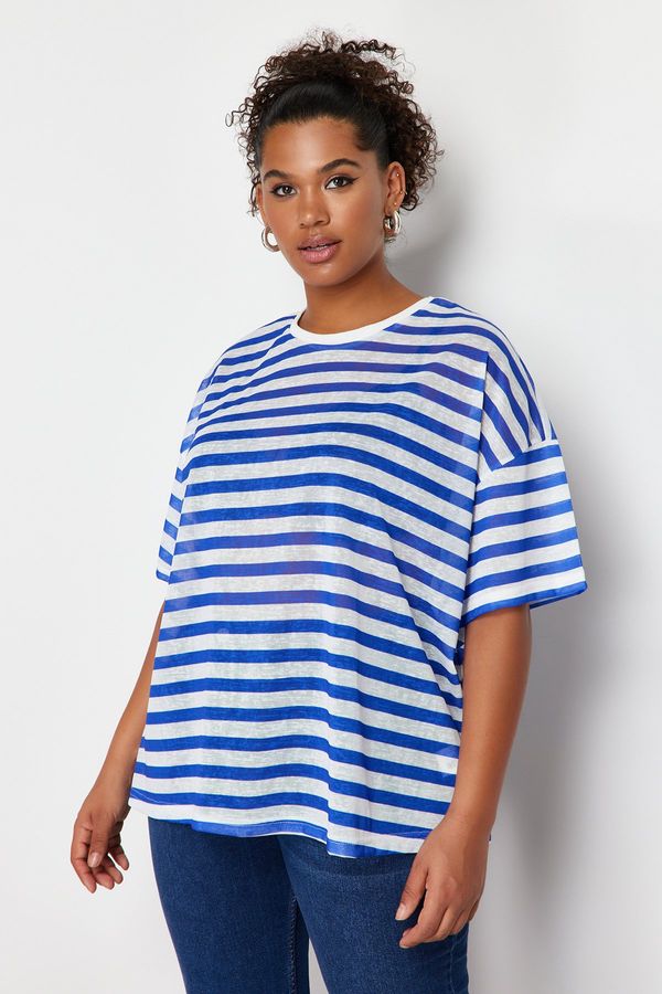Trendyol Trendyol Curve White-Blue Striped Transparent Oversize Knitted Linen Look Blouse