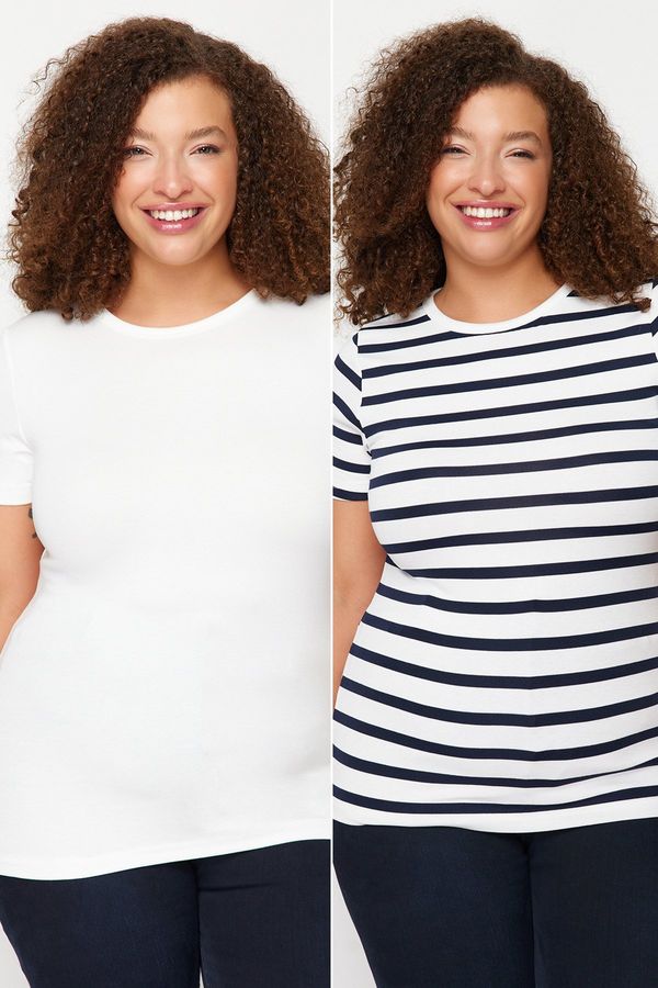 Trendyol Trendyol Curve White-Navy Blue Striped 2 Pack Viscose Stretchy Knitted Blouse