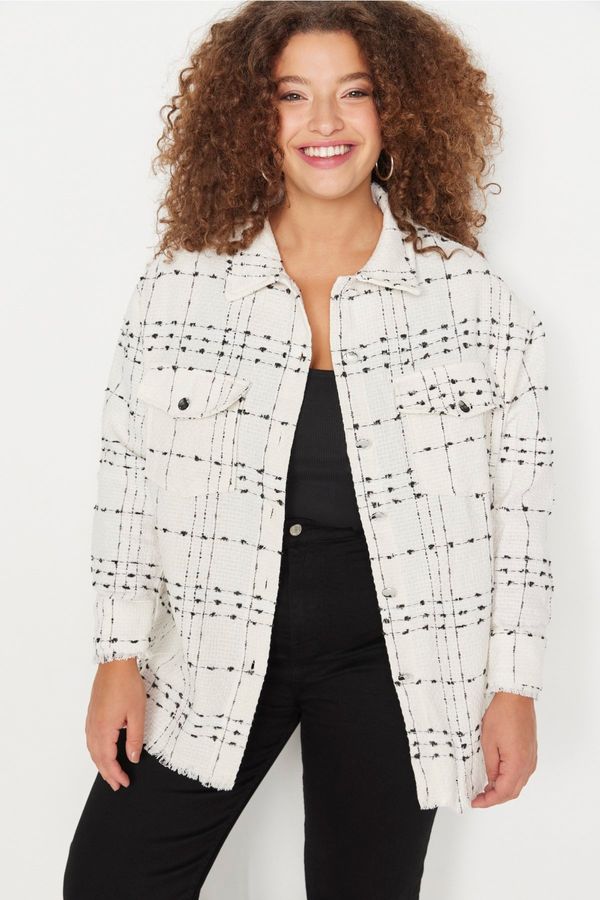 Trendyol Trendyol Curve White Tweed Long Sleeve Winter Woven Plus Size Shirt/Jacket