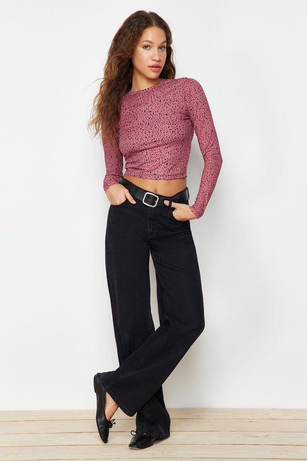 Trendyol Trendyol Damson Patterned Fitted Crew Neck Crop Flexible Knitted Blouse