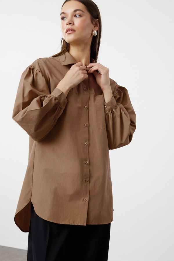 Trendyol Trendyol Dark Beige Balloon Sleeve Long Back Pocket Detail Basic Woven Shirt