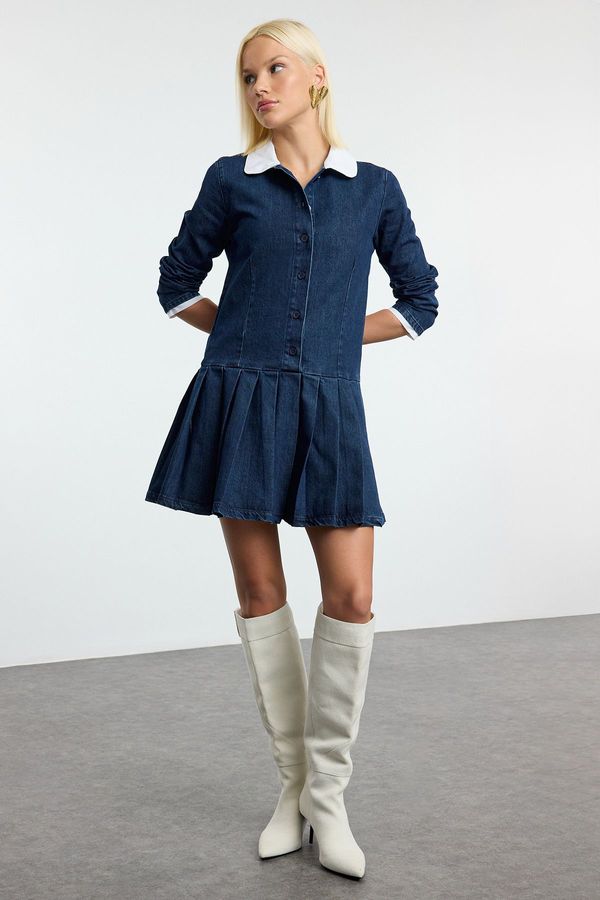 Trendyol Trendyol Dark Blue Pleated Denim Dress