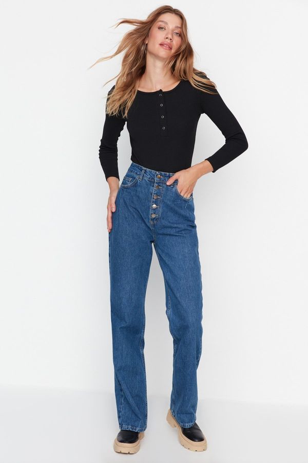 Trendyol Trendyol Dark Blue Pleated High Waist Wide Leg Jeans With Buttons At The Front