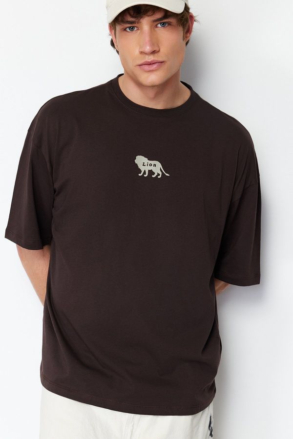 Trendyol Trendyol Dark Brown Oversize Animal Embroidery Printed 100% Cotton T-Shirt
