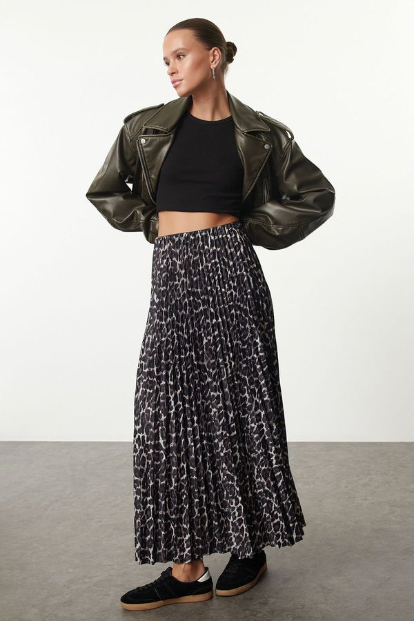 Trendyol Trendyol Dark Brown Pleated Leopard Printed Stretchy Knitted Skirt