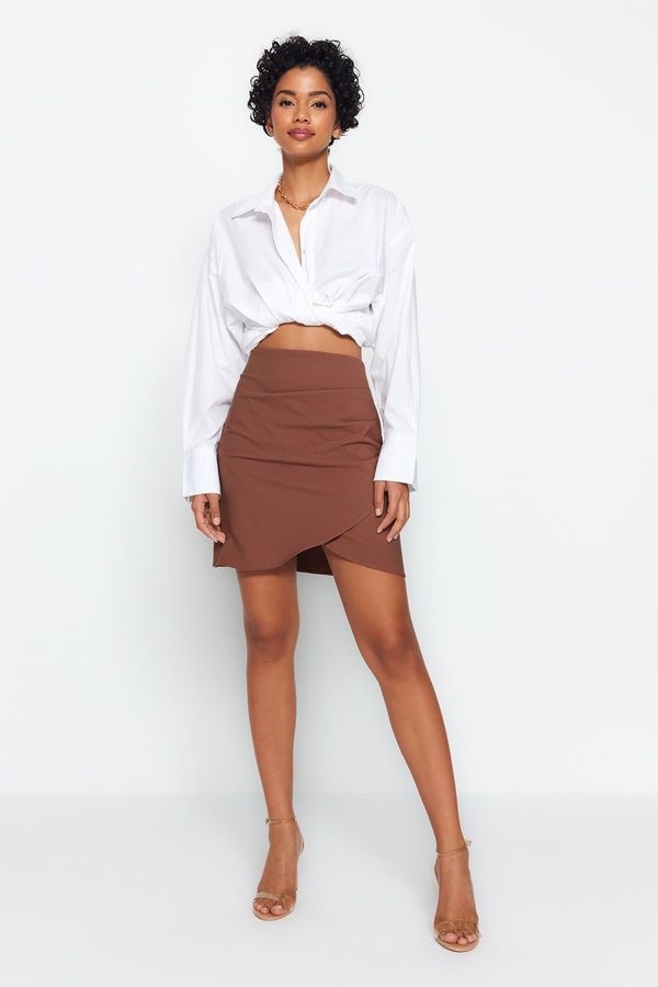 Trendyol Trendyol Dark Brown Ruffle Detailed Double Breasted Mini Woven Skirt