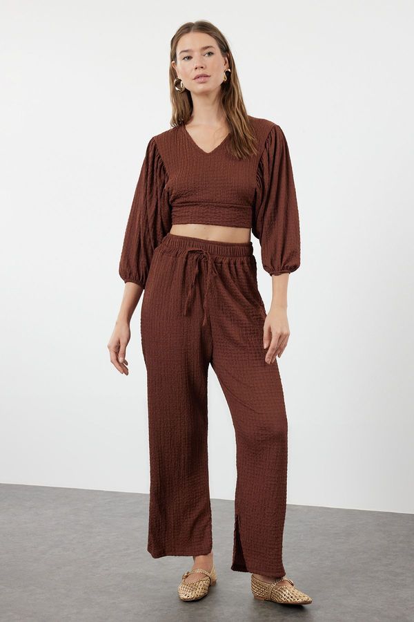 Trendyol Trendyol Dark Brown Textured Fabric Relaxed/Comfortable Cut Flexible Knitted Bottom-Top Set