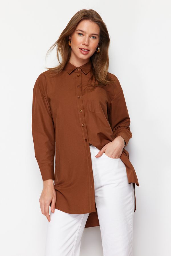 Trendyol Trendyol Dark Brown Woven Shirt with Pocket and Slit Detail