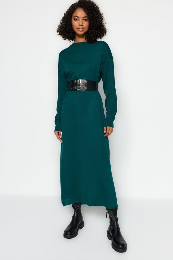 Trendyol Trendyol Dark Green Corsage Knitwear Dress With A Belt