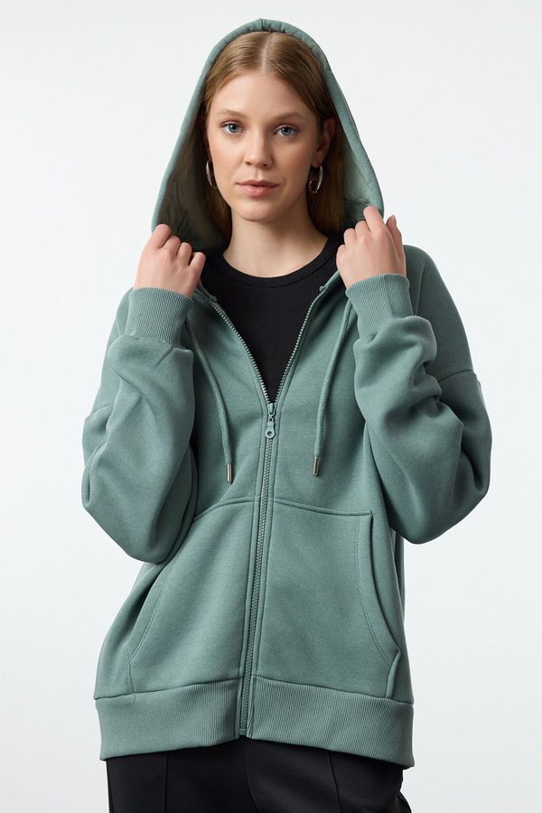 Trendyol Trendyol Dark Green Oversize/Relaxed Fit Zippered Thick Inside Fleece Knitted Sweatshirt