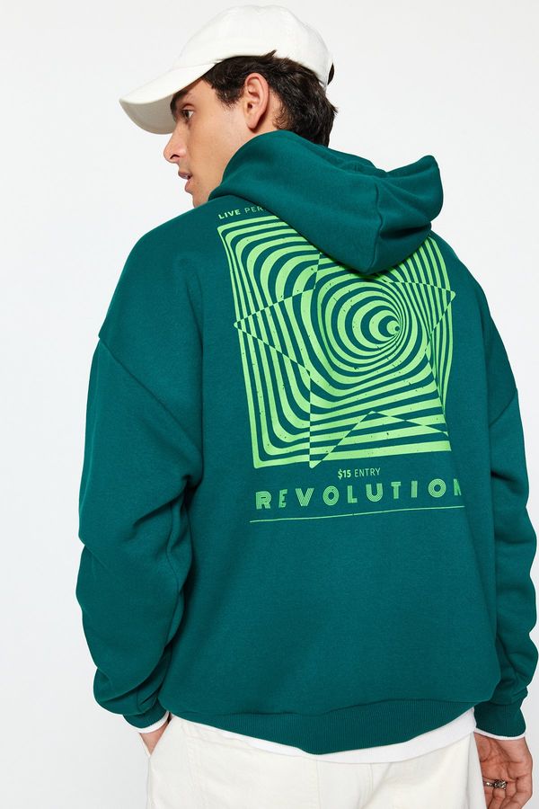 Trendyol Trendyol Dark Green Oversize/Wide Cut Labyrinth Printed Cotton Sweatshirt with Fleece Inside