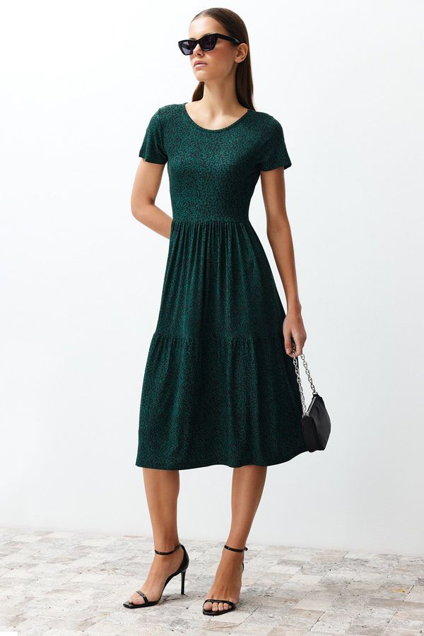 Trendyol Trendyol Dark Green Printed Skater/Waist Open Elastic Knitted Midi Dress