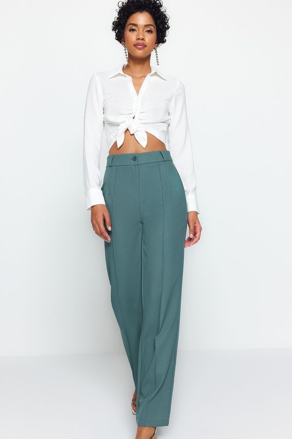 Trendyol Trendyol Dark Green Straight/Straight Fit High Waist Ribbed Stitched Woven Trousers