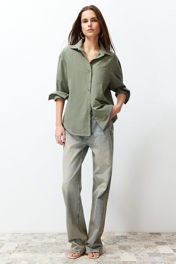 Trendyol Trendyol Dark Khaki Single Pocket Boyfriend Woven Cotton Shirt