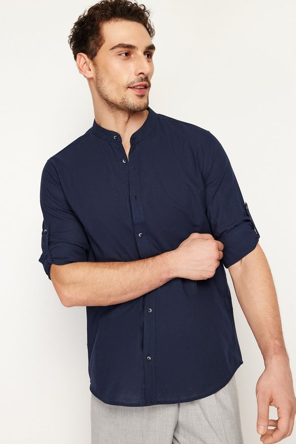 Trendyol Trendyol Dark Navy Slim Fit Basic Prevailing Collar Epaulets 100% Cotton Shirt