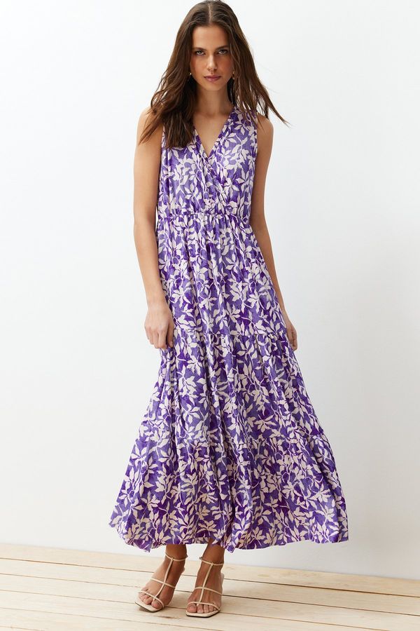 Trendyol Trendyol Dark Purple Floral A-line V-neck Sleeveless A-Line Polyester Camisole Maxi Dress