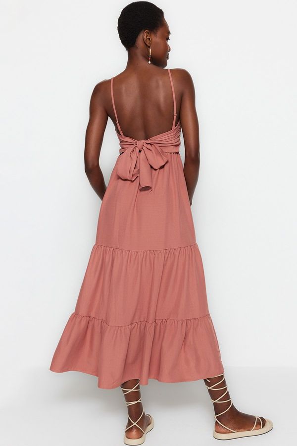 Trendyol Trendyol Dried Rose Skirt Flounce Back Tie Detailed Strappy Maxi Woven Dress