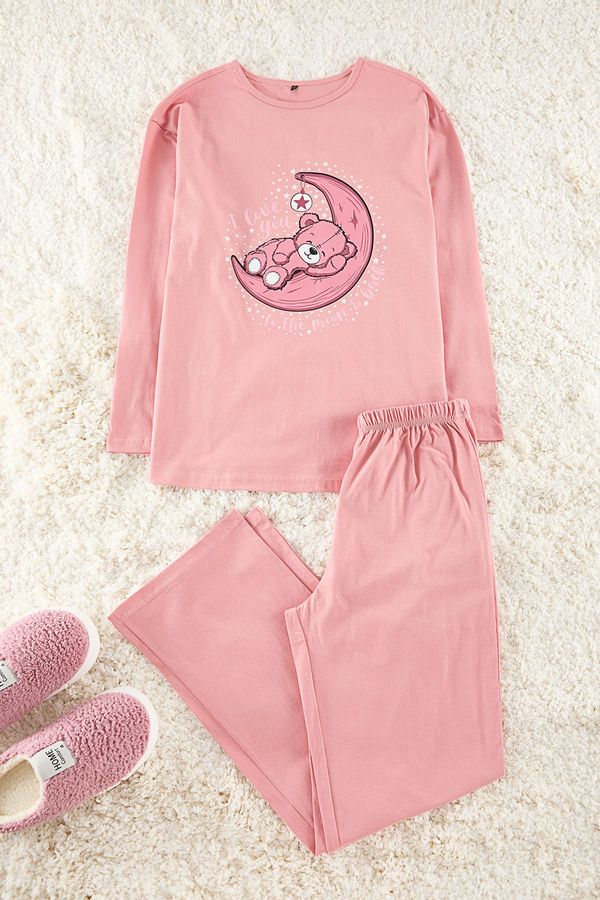 Trendyol Trendyol Dusty Rose 100% Cotton Teddy Bear and Galaxy Patterned Knitted Pajama Set