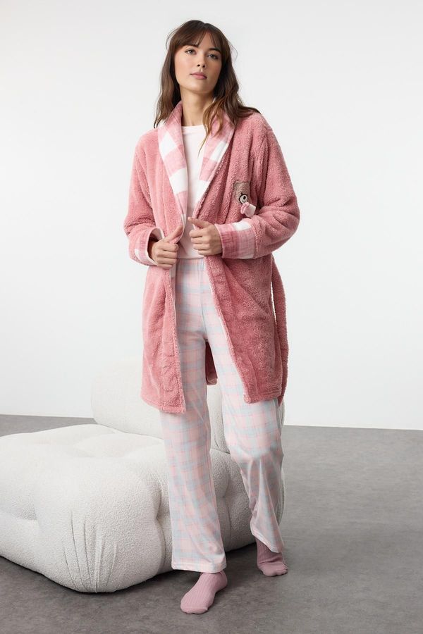 Trendyol Trendyol Dusty Rose Belted Teddy Bear Embroidered and Plaid Winter Wellsoft Knitted Dressing Gown