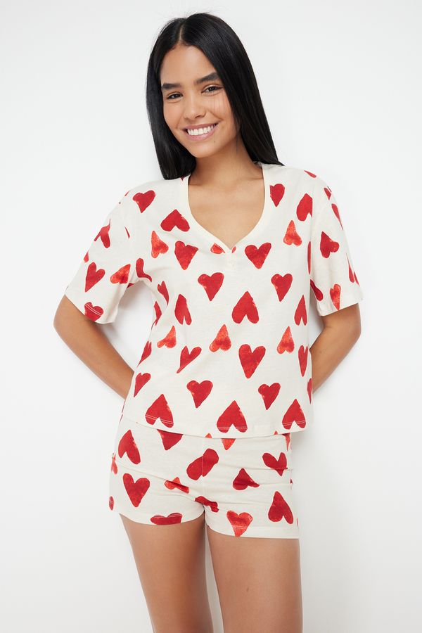 Trendyol Trendyol Ecru 100% Cotton Heart Tshirt-Shorts Knitted Pajamas Set