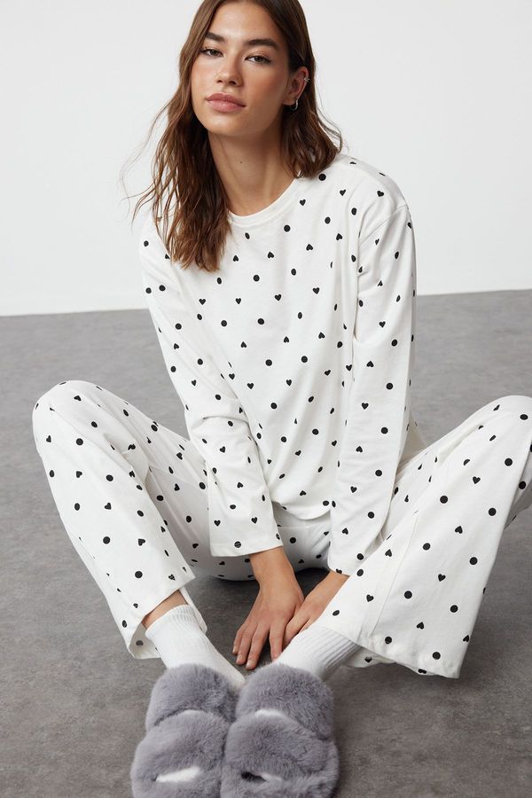 Trendyol Trendyol Ecru 100% Cotton Polka Dot and Heart Patterned Knitted Pajama Set