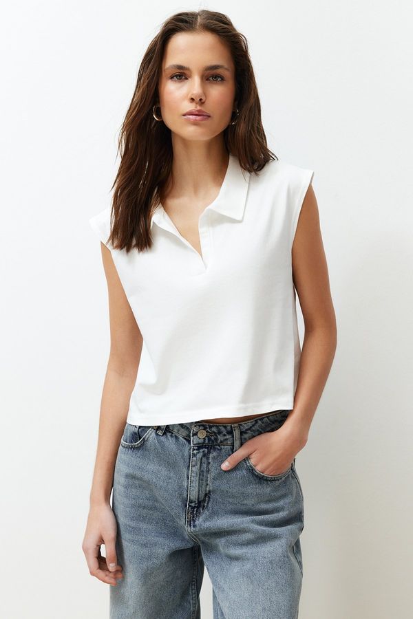 Trendyol Trendyol Ecru 100% Cotton Polo Collar Regular/Normal Fit Crop Knitted T-Shirt