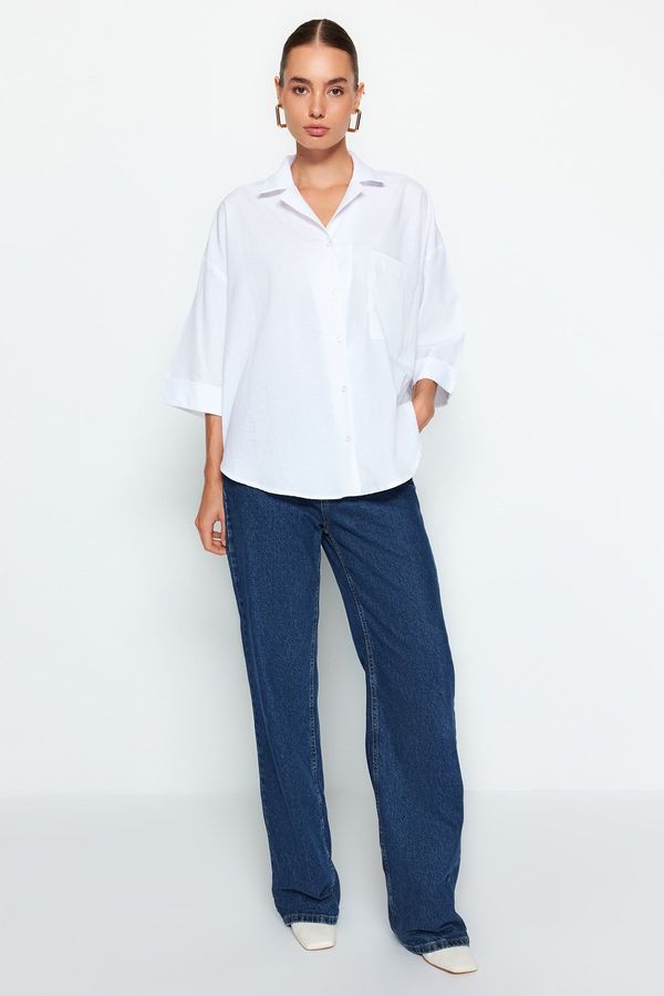 Trendyol Trendyol Ecru 3/4 Sleeve Oversize/Wide Fit Woven Shirt