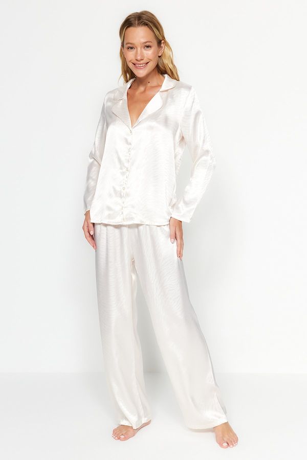 Trendyol Trendyol Ecru Animal Patterned Satin Shirt-Pants Woven Pajamas Set