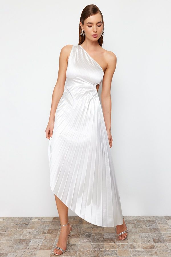 Trendyol Trendyol Ecru Asymmetrical Pleat Detailed Knitted Satin Elegant Evening Dress