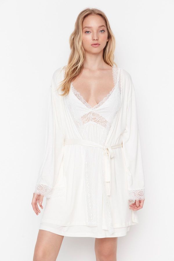 Trendyol Trendyol Ecru Belted Lace Detailed Viscose Knitted Dressing Gown