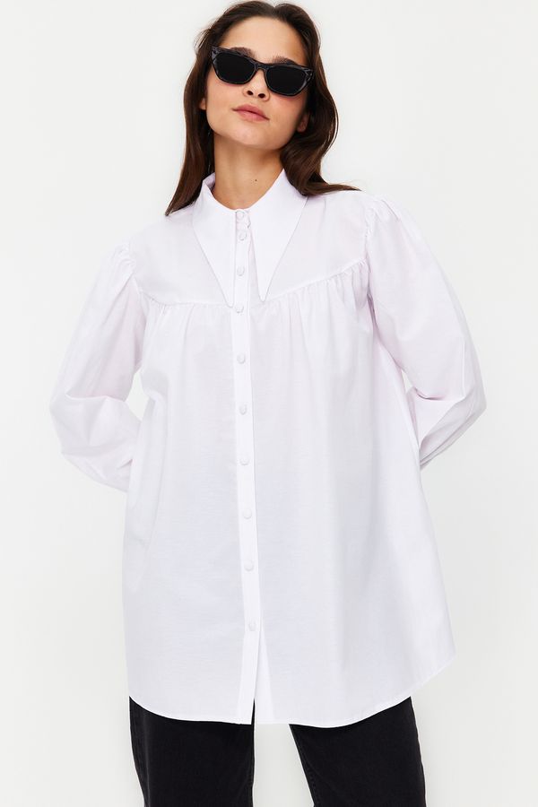 Trendyol Trendyol Ecru Collar Detailed Relaxed Fit Cotton Woven Shirt