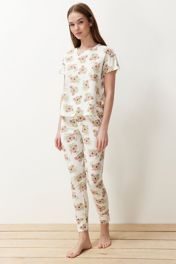 Trendyol Trendyol Ecru Cotton Animal Pattern Knitted Pajamas Set