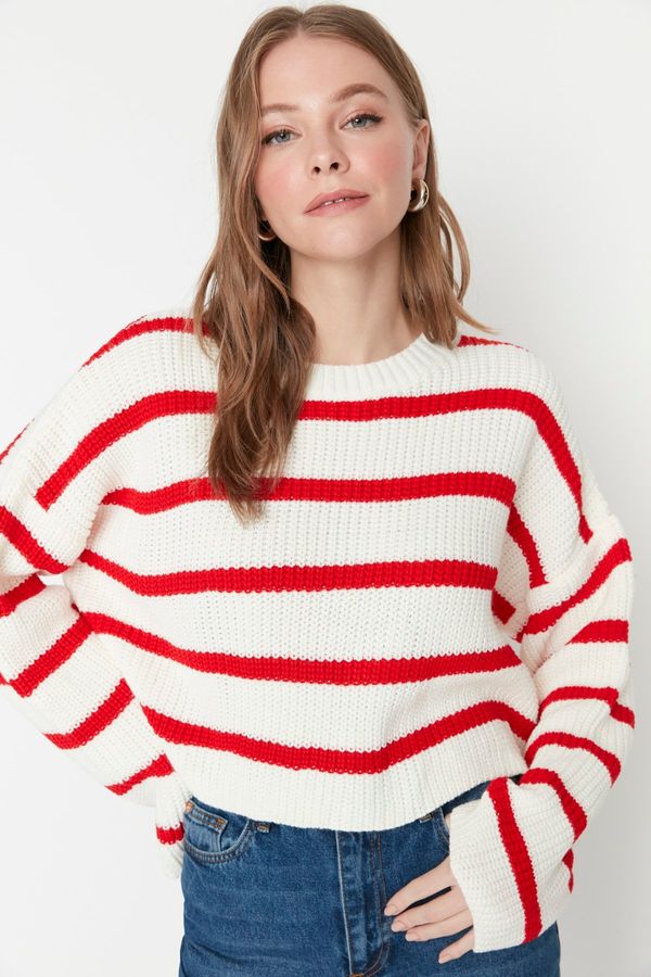 Trendyol Trendyol Ecru Crop Basic Striped Knitwear Sweater