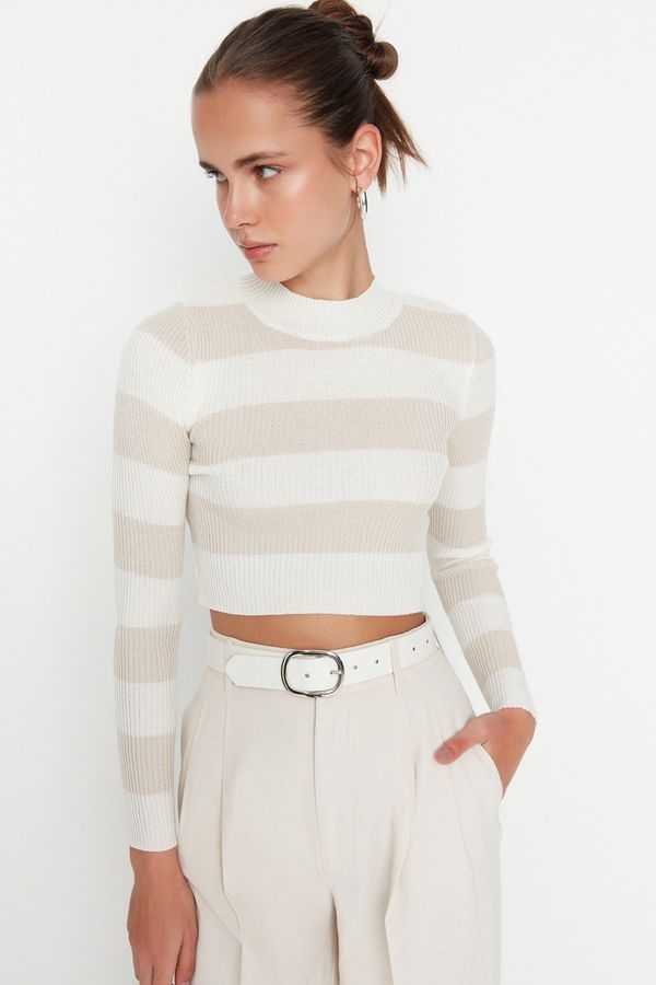 Trendyol Trendyol Ecru Crop Cotton Striped Knitwear Sweater