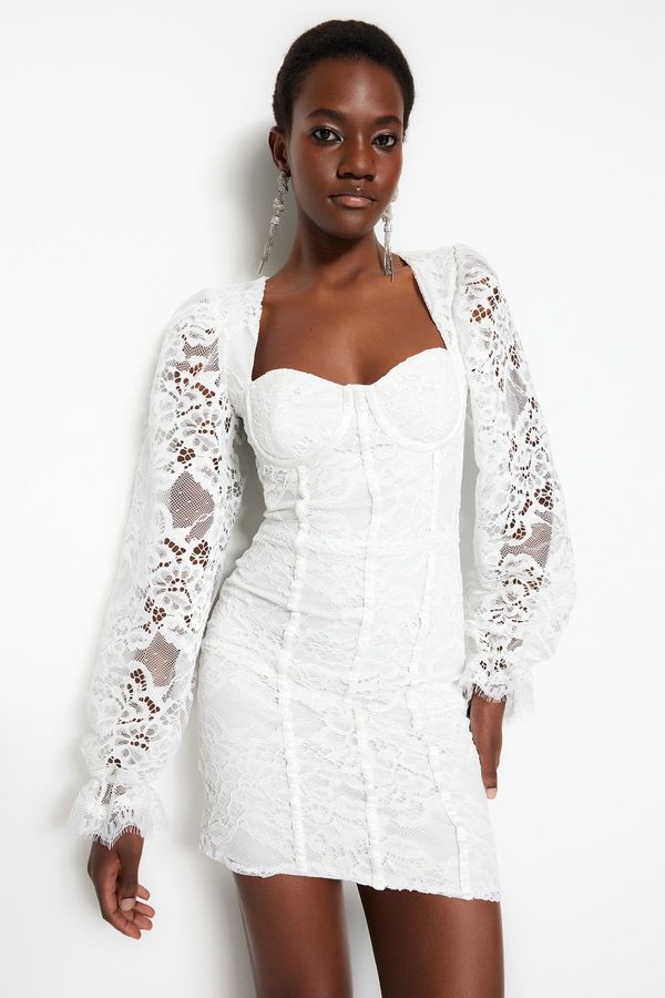 Trendyol Trendyol Ecru Fitted Lined Lace Wedding/Wedding Elegant Evening Dress