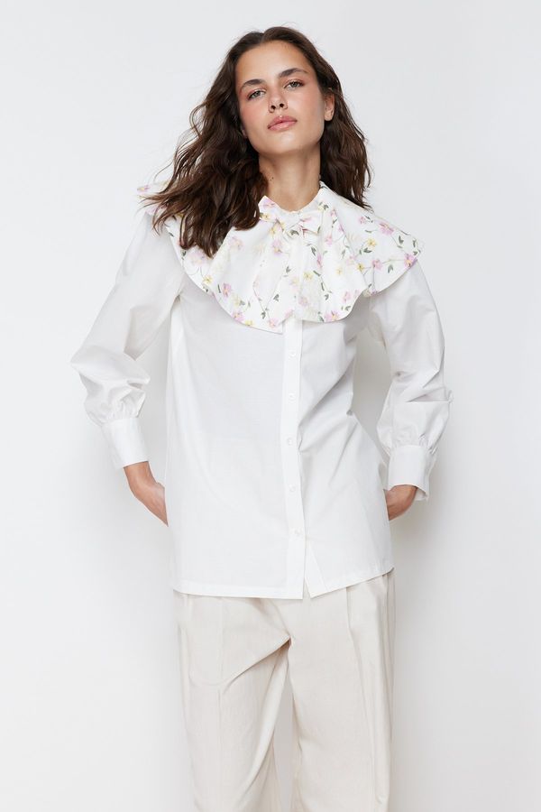 Trendyol Trendyol Ecru Large Embroidered Baby Collar Cotton Woven Shirt