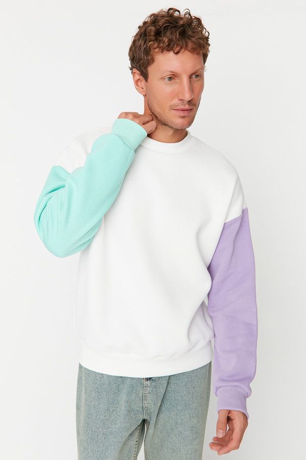 Trendyol Trendyol Ecru Men's Oversize/Wide Cut Crew Neck Paneled Sweatshirt