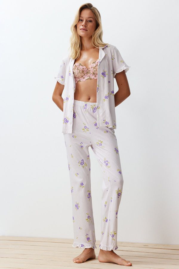 Trendyol Trendyol Ecru-Multicolored 100% Cotton Floral Ruffle Detailed Knitted Pajama Set