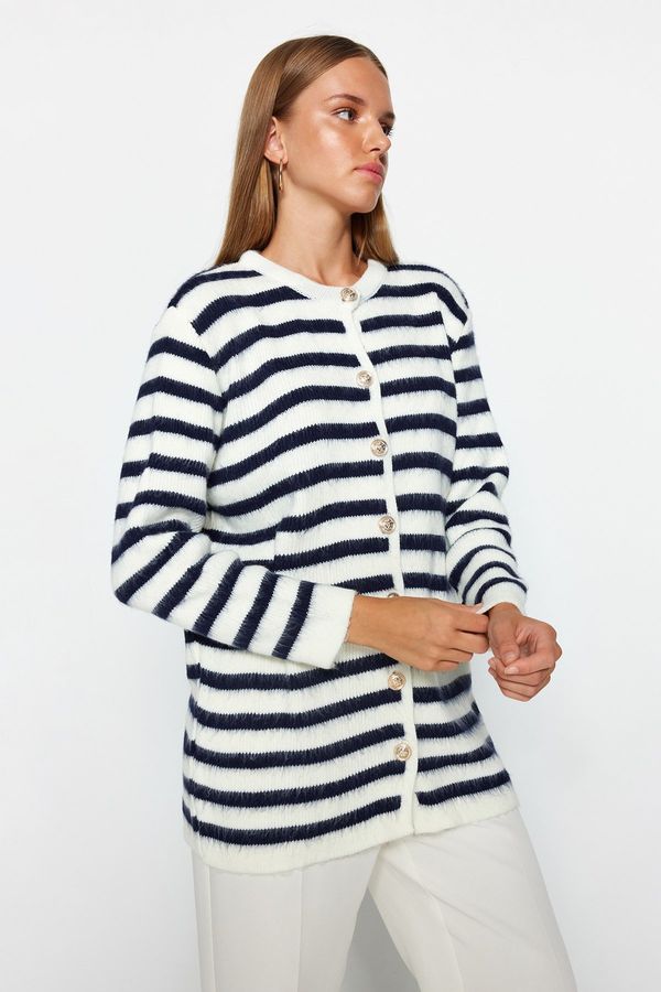 Trendyol Trendyol Ecru Navy Blue Striped Gold Button Detailed Soft Textured Knitwear Cardigan