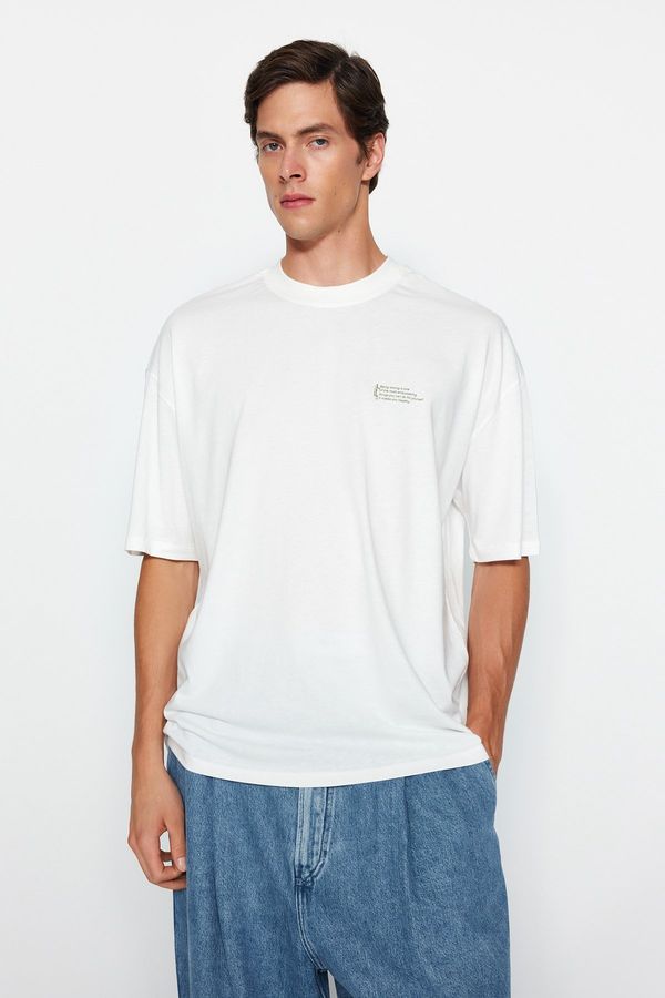 Trendyol Trendyol Ecru Oversize 100% Cotton Minimal Text Printed T-Shirt