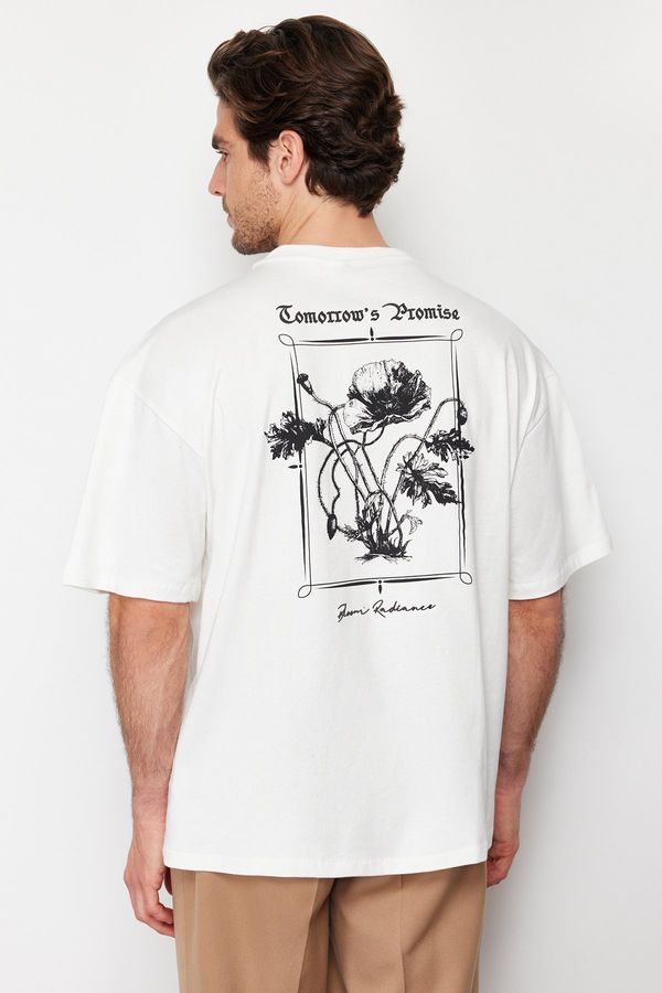 Trendyol Trendyol Ecru Oversize Fluffy Floral Printed 100% Cotton T-Shirt