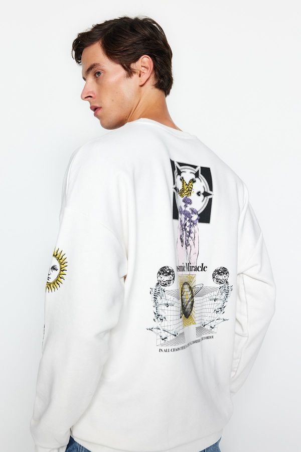 Trendyol Trendyol Ecru Oversize/Wide Cut Crew Neck Space Printed Cotton Sweatshirt