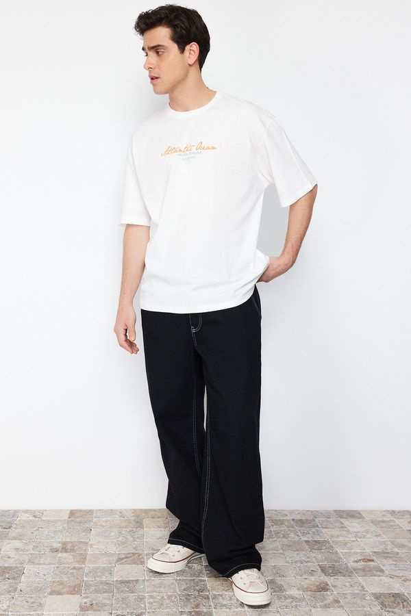 Trendyol Trendyol Ecru Oversize/Wide Cut Text-Scenery Printed Short Sleeve 100% Cotton T-Shirt