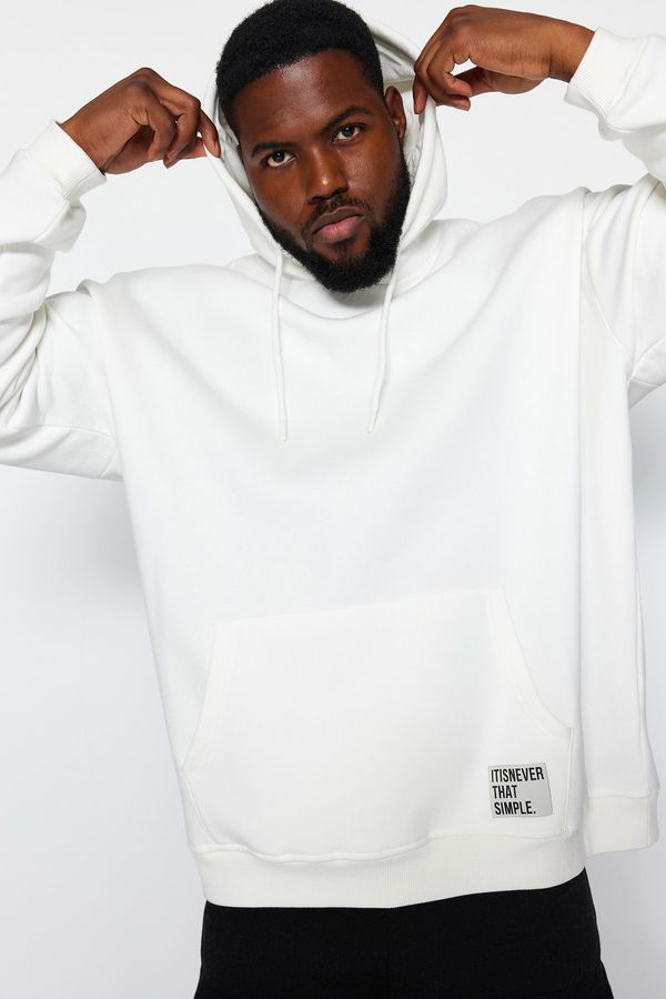 Trendyol Trendyol Ecru Plus Size Basic Comfortable Hooded Labeled Fleece Cotton Sweatshirt