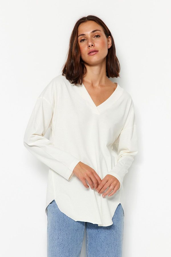 Trendyol Trendyol Ecru Premium V Neck Cotton Regular/Regular Fit Knitted Knitted T-Shirt