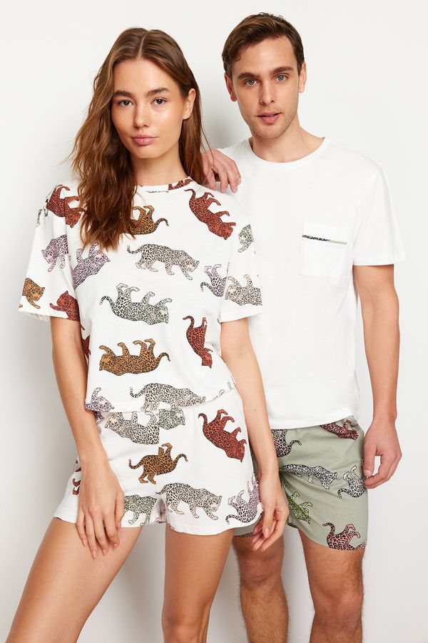 Trendyol Trendyol Ecru Regular Fit Animal Patterned Couple Knitted Pajamas Set