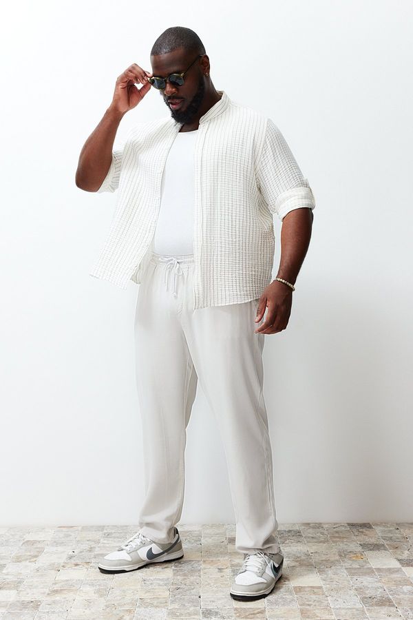 Trendyol Trendyol Ecru Regular Fit Striped 100% Cotton Crease Effect Plus Size Shirt